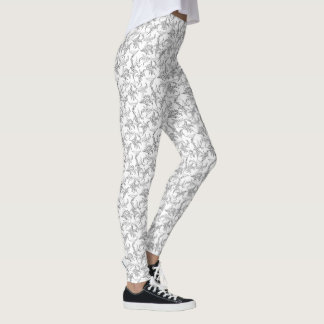 Black and White Lily-of-the-Valley Floral Outline Leggings