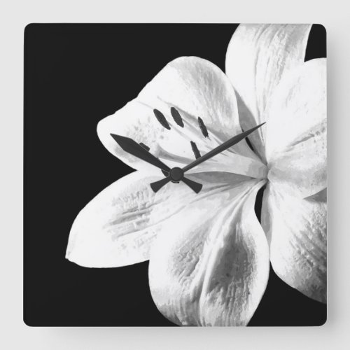 Black and White Lily Square Wall Clock