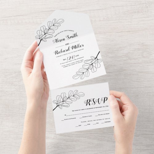 Black and white line art branch leaves wedding   all in one invitation