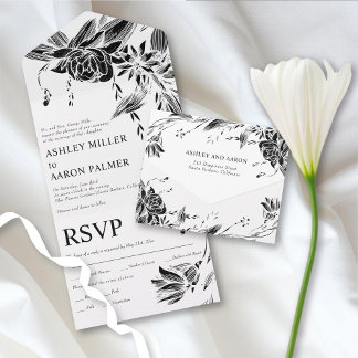 Black and white line art flowers wedding all in one invitation