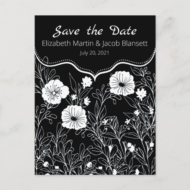 Black and white line art Save the Date Postcard (Front)