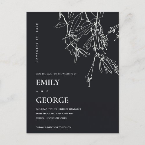 BLACK AND WHITE LINE DRAWING FLORAL SAVE THE DATE ANNOUNCEMENT POSTCARD