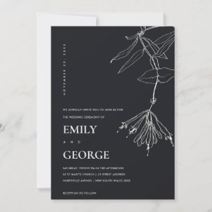BLACK AND WHITE LINE DRAWING FLORAL WEDDING INVITE