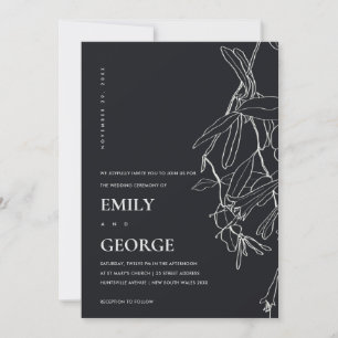 BLACK AND WHITE LINE DRAWING FLORAL WEDDING INVITE