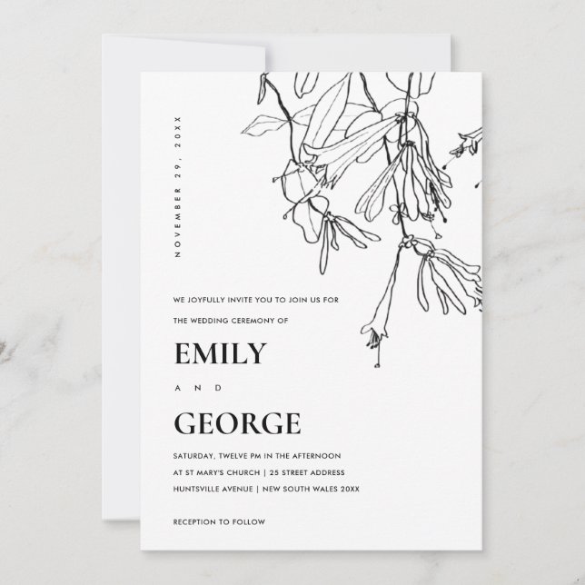 BLACK AND WHITE LINE DRAWING FLORAL WEDDING INVITE (Front)