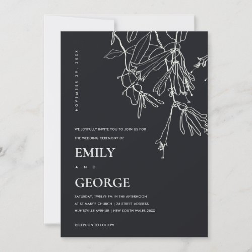 BLACK AND WHITE LINE DRAWING FLORAL WEDDING INVITE