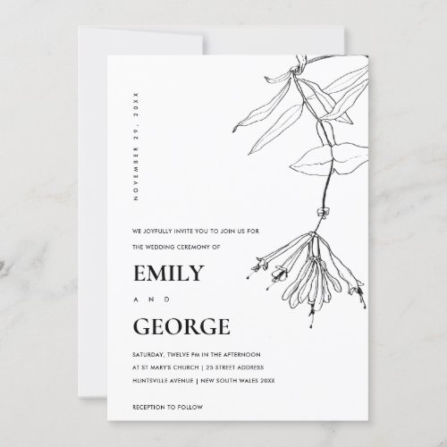 BLACK AND WHITE LINE DRAWING FLORAL WEDDING INVITE