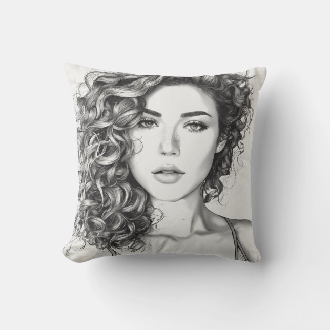 black and white line drawing pillow (Front)