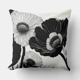 Black and White Line Drawing Poppies Throw Pillow