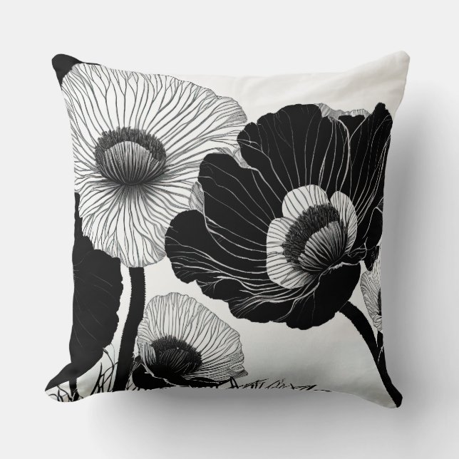 Black and White Line Drawing Poppies Throw Pillow (Front)