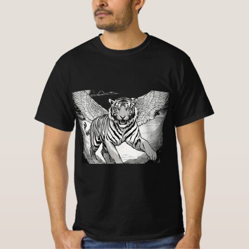 Black and white line drawing tiger jumping toward T_Shirt