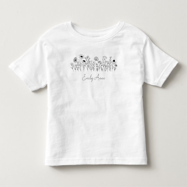 Black and White Line Drawing Wildflowers Toddler T-shirt (Front)