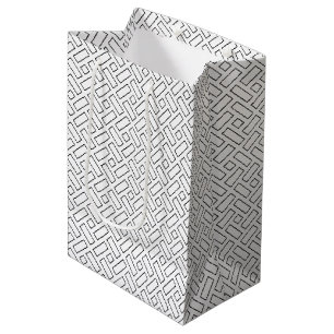 Black and White Linear Block Pattern - White Medium Gift Bag