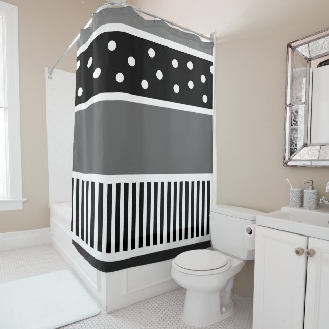 Black and White Lines and Polka Dot Shower Curtain (In Situ)