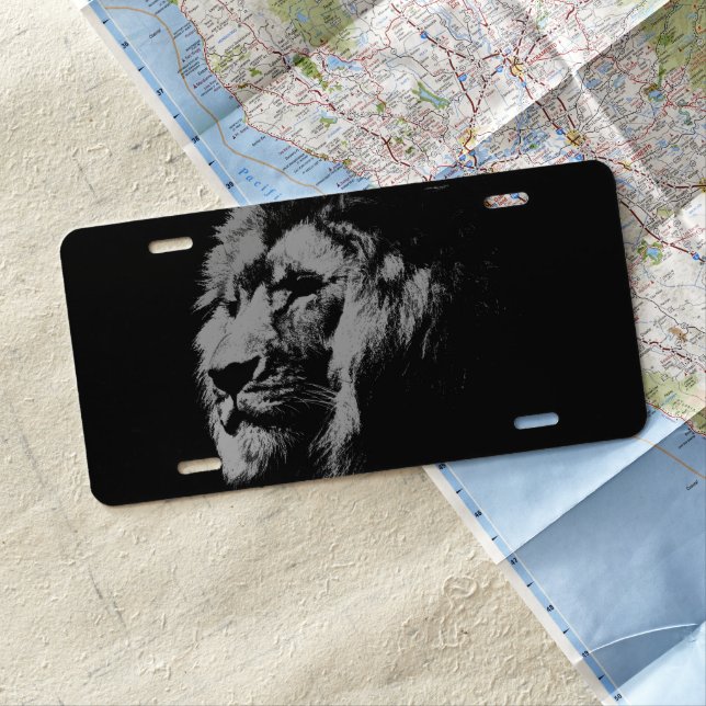 Black and white lion license plate (In Situ)