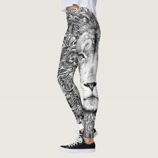 Black and white lion line art leggings