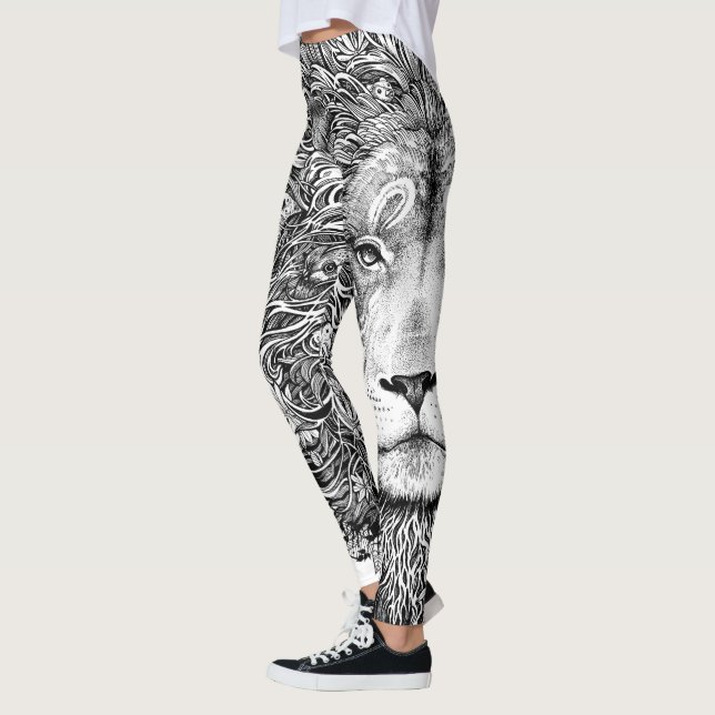 Black and white lion line art leggings (Left)