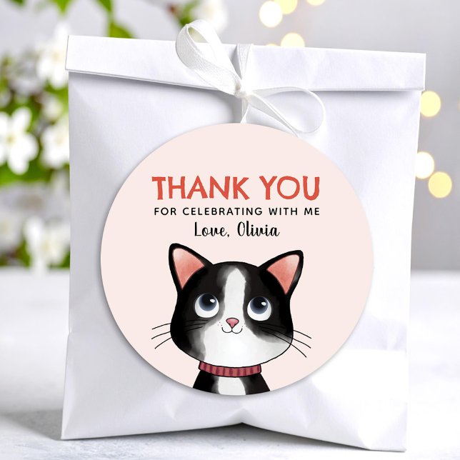 Black and white little kitten thank you classic round sticker (Creator Uploaded)