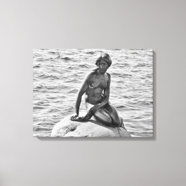 Black and White Little Mermaid Statue Canvas Print (Front)