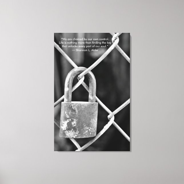 Black and White Lock on Fence Inspirational Quote Canvas Print (Front)