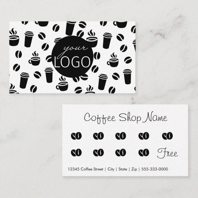 Black and White Logo Coffee Shop Pattern Loyalty B Business Card (Front/Back)