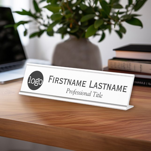 Black and White - Logo, Name, Professional Title Desk Name Plate (Custom Name Plate - Executive Desk Sign with Name and title or other text)