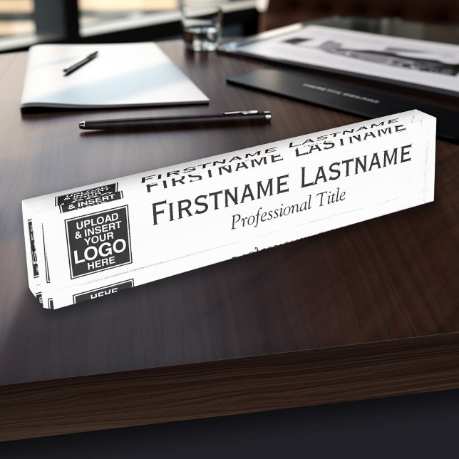 Black and White - Logo, Name, Professional Title Desk Name Plate (Personalized Name Plate - Custom Logo Executive Desk Plate with Name and Professional Title)