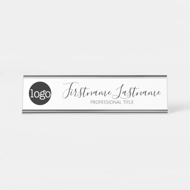 Black and White - Logo, Name, Title Script Desk Name Plate | Zazzle