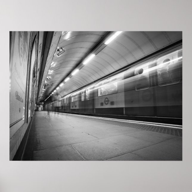 Black and White London Underground Speeding Train Poster (Front)