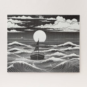 Black and White Lonely Boat in a Stormy Sea Jigsaw Puzzle
