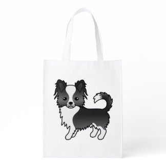 Black And White Long Coat Chihuahua Cartoon Dog Grocery Bag