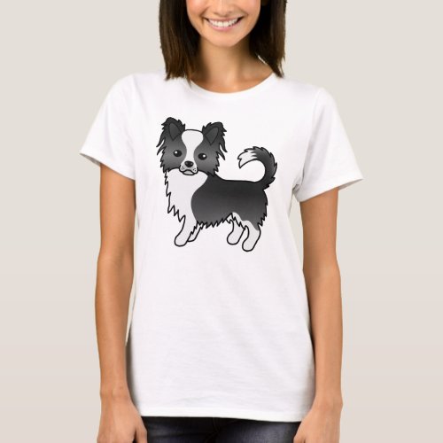 Black And White Long Coat Chihuahua Cartoon Dog T_Shirt
