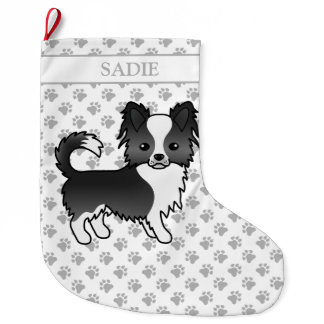 Black And White Long Coat Chihuahua Dog &amp; Name Large Christmas Stocking