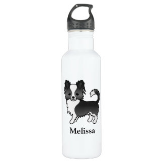 Black And White Long Coat Chihuahua Dog &amp; Name Stainless Steel Water Bottle