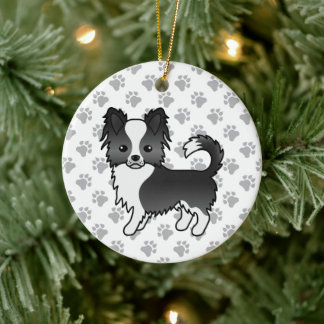 Black And White Long Coat Chihuahua Dog &amp; Paws Ceramic Ornament