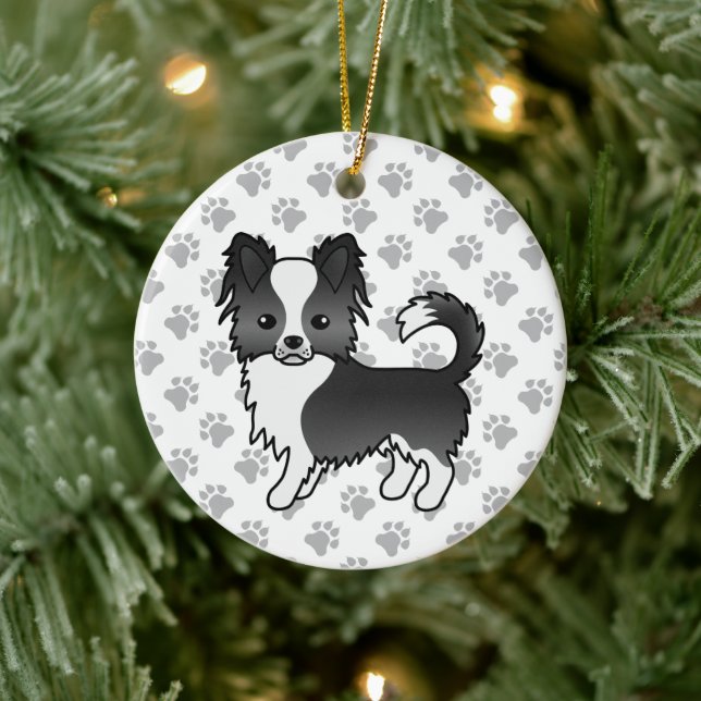 Black And White Long Coat Chihuahua Dog & Paws Ceramic Ornament (Tree)