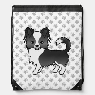 Black And White Long Coat Chihuahua Dog & Paws Drawstring Bag