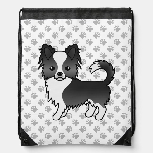 Black And White Long Coat Chihuahua Dog & Paws Drawstring Bag (Front)