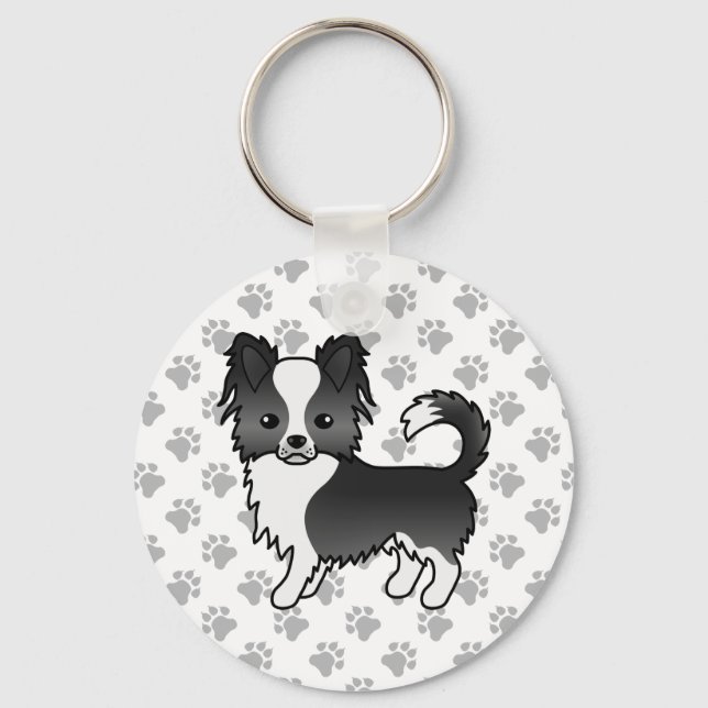 Black And White Long Coat Chihuahua Dog & Paws Keychain (Front)