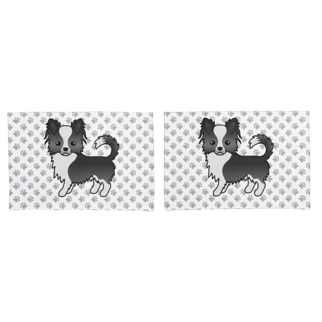 Black And White Long Coat Chihuahua Dog & Paws Pillow Case (Front-Set)