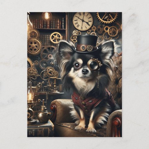 Black and White Long Haired Steampunk Chihuahua Postcard