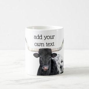 black and white longhorn cow add your own quote coffee mug