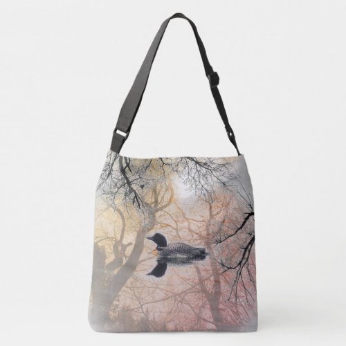 Black and white loon on a lake Cross Bag abstract