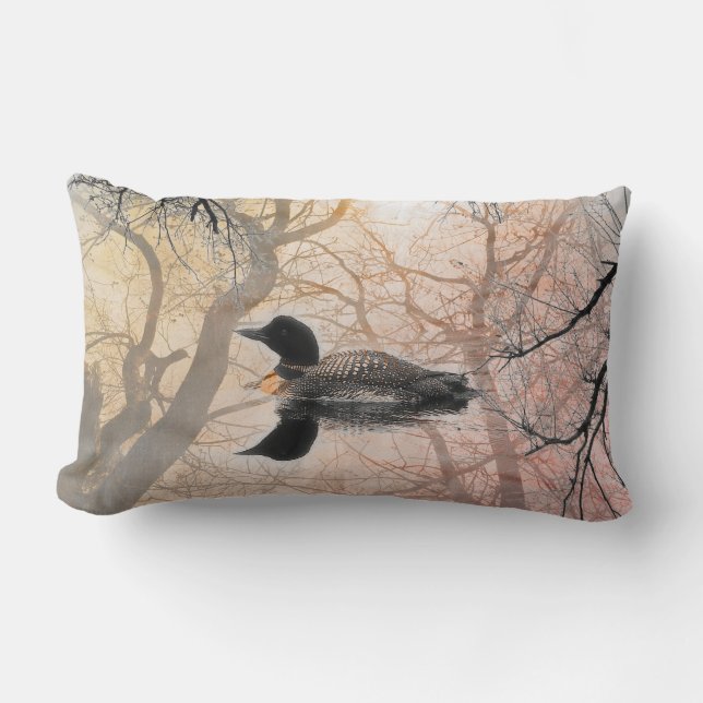 Black and white loon on a lake decor pillow (Front)
