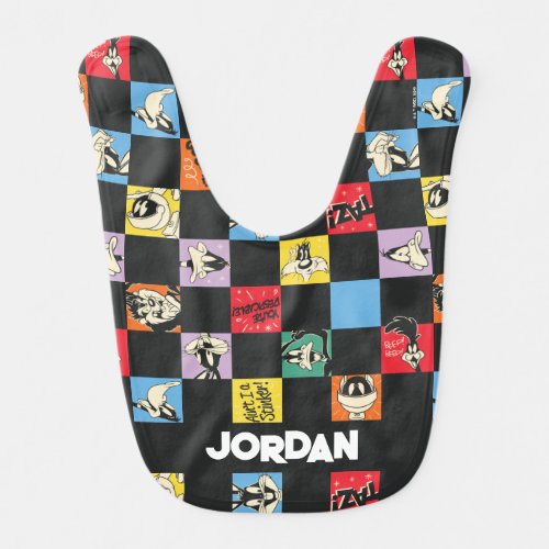 Black and White LOONEY TUNES in Colorful Checker Baby Bib