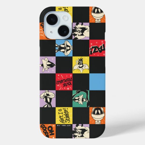 Black and White LOONEY TUNES in Colorful Checker iPhone 15 Case