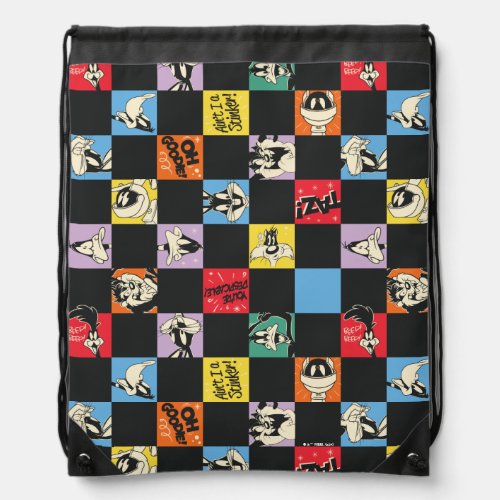 Black and White LOONEY TUNES in Colorful Checker Drawstring Bag