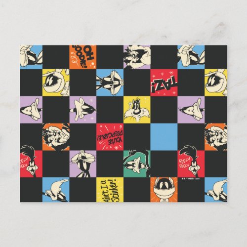 Black and White LOONEY TUNES in Colorful Checker Postcard