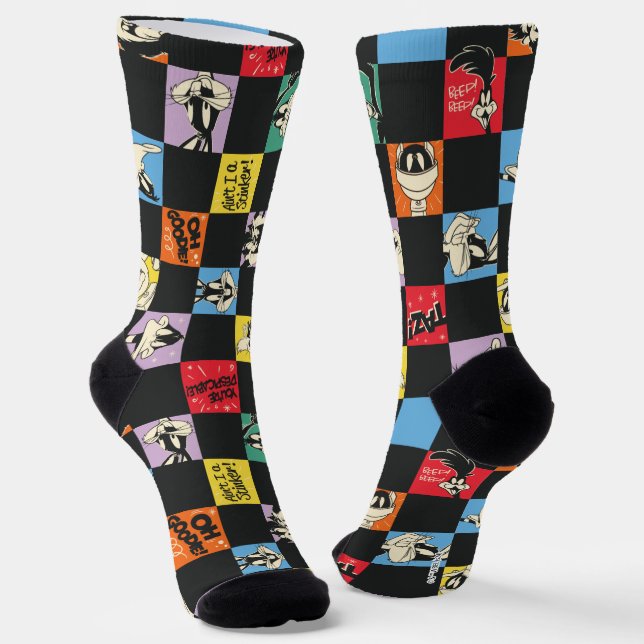 Black and White LOONEY TUNES™ in Colorful Checker Socks (Angled)