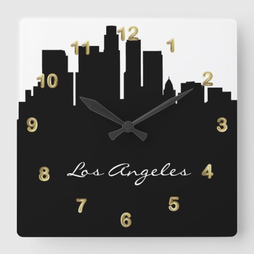 Black and White Los Angeles Skyline Square Wall Clock